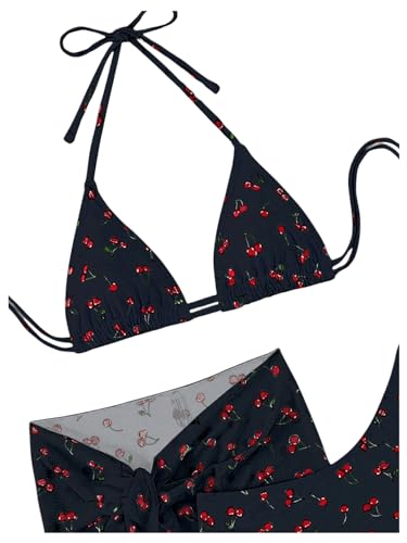 Floerns Women's 3 Piece Bathing Suit Triangle Halter Bikini Set with Beach Skirt4