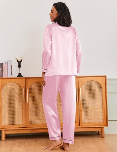 Image of Ekouaer Pajamas for Women Silk Satin Button Down Long Sleeve Pajama Sets
