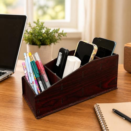 Image of Zesta Wooden Desk Organizer Pen Stand Remote Holder Card Slot | Table Accessory Office Desk Study Room | Pencil Storage Stand Stylish Workspace Decor (Multi-Holder Big)