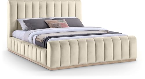 Image of Meridian Furniture AmaraCream-K Collection Modern | Contemporary King Bed, Ultra Luxe Cream 460 GSM Velvet, Natural Finish, Solid Wood Base and Inner Frame, 82.5 inch W x 99 inch D x 51 inch H, Cream, King