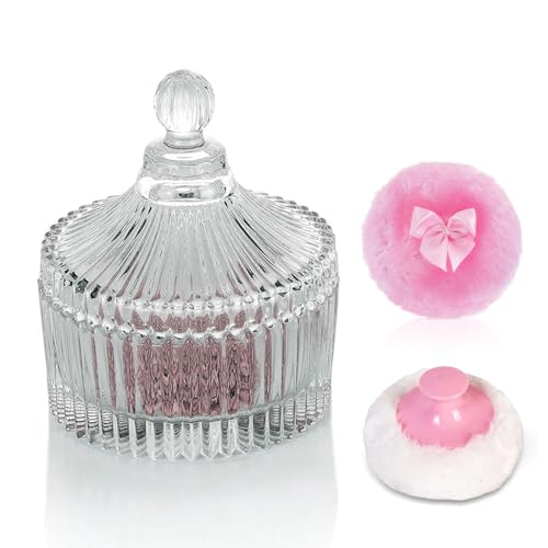 Glass Body Powder Puff Container 4-Inch with 2 Soft Puffs (3.6 & 3.2) Ideal for Body Powder Talcum or Glitter Elegant Gift for Women Multi-Use Storage for Jewellery or Sweets