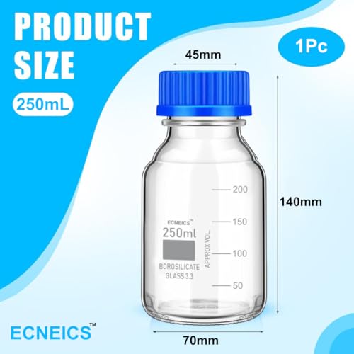 Image of Borosilicate Glass reagent bottle 250ml with leak proof Blue Screw Cap pack of 4 for glassware wide mouth chemical bottles for lab, laboratory, kitchen and professional use