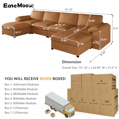Image of EASE MOOSE Leather Sectional Couch, Oversized Modular Sectional Sofas, Wide Deep Seat Modern Modular Couch, Scratch Resistant Faux Leather Material, U Shaped Sofa for Big Spaces, Brown