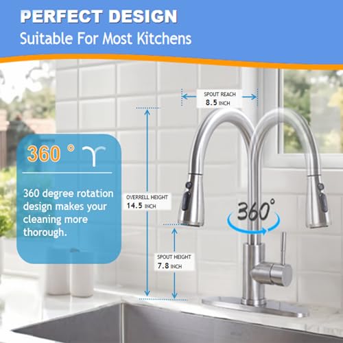 HOTIS Brushed Nickel Kitchen Sink Faucet, Kitchen Faucet with Pull Down Sprayer, Small RV Stainless Steel Single Handle Pull Out Faucet for Kitchen Sink with Deck Plate - Thumbnail 3