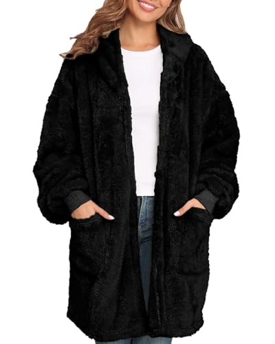Argstar Black Hooded Cardigan for Women and Men, Oversized Sweatshirt Fuzzy Fleece Blanket Hoodie Jacket, One Size Fits All