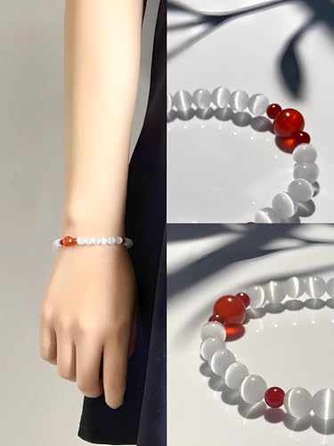 Selenite Charged Healing Crystal Bracelet for Women White Opal & Red Agate for Anxiety Relief, Positive Energy & Protection, Chakra Balancing Stretch Bracelet Gift (17cm)2