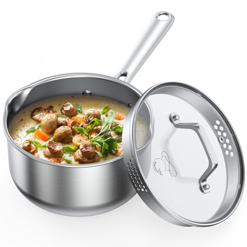 Comparison: Best Saucepans For Glass Cooktop 9 PekGema Stainless Steel Saucepan 2.5 Quart with Glass Strainer Lid, Thicken Tri-ply Full Sauce Pot, Two Side Spouts for Easy Pour, Dishwasher Safe, Induction Ready, Compatible with All Cooktops