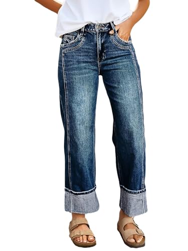 Flamingals Mid Rise Straight Leg Baggy Jeans for Women Plus Size High Stretch Roll Hem Wash Trendy Denim Jeans