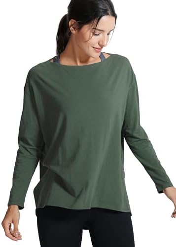 CRZ YOGA Long Sleeve Workout Shirts for Women Loose Fit-Pima Cotton Yoga Shirts Casual Fall Tops Shirts Grey Olive Small