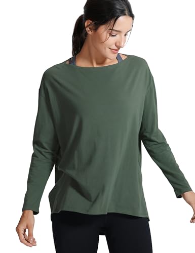 CRZ YOGA Pima Cotton Boat Neck Long Sleeve Shirts for Women - Workout Athletic Yoga Casual Tops Loose Fit Fall T-Shirts Nature Green Small