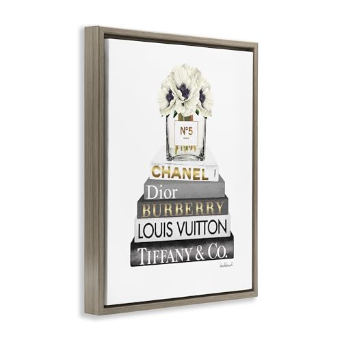 Image of 'White Poppies Grey Fashion Books'| Floating Frame Canvas Art | Stupell Industries | Brown, 25 x 31 Inches, Easy to Hang and Sturdy, Made in USA, by Amanda Greenwood