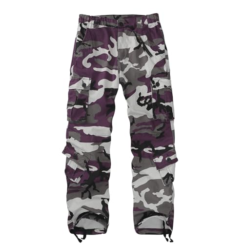Sobrisah Camo Purple Cargo Pants Women Mid-Rise Tactical Pants 8 Pockets Baggy Hiking Casual Trousers Workwear Size 24