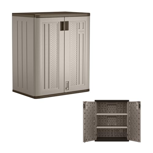 Suncast Base Storage Cabinet for Garage Organization 9 Cu. Ft. Capacity Platinum Metallic & Slate - Lockable Multi-Wall 2-Shelf Resin Organizer for Garden Supplies Paint Cans & Outdoor Tools