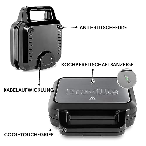 Breville 3-in-1 Ultimativer Sandwichmaker | Extra tiefe Platten für Sandwiches, Waffeln & Paninis | Herausnehmbare Platten mit Antihaftbeschichtung | Schwarz & Edelstahl [VST098X] | EU-Stecker