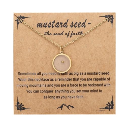 QRH Mustard Seed Necklace Rectangle Round Mountain Hill Christian Faith Mustard Seed Geometric Religious Mustard Seed Necklace Inspirational Gift with Message Card-Round Gold