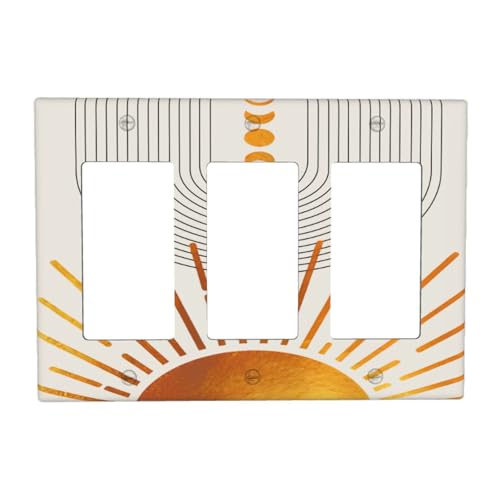Decorative Outlet Covers Bohemian Gold Sun Moon Phase Arch 3 Gang Outlet Cover Wall Plate Triple Rocker Light Switch Cover Plate Switch Plate Covers for Bedroom Home Decor