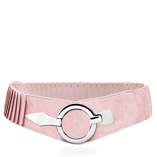 Glamexx24 Elastischer Damen Taillengürtel gürtel 6cm breiter Hüftgürtel mit silberner Ring (Rosa, Taillenweite 75cm-110cm)