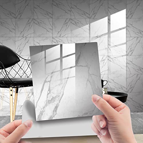 Exquisite Tile Stickers Ivory White Marble Stick on Tiles PVC Self Adhesive Wall Tiles Waterproof Bathroom Tile Stickers Oil Proof Kitchen Tile Stickers DIY Peel and Stick Floor Tiles 10PC(20x20cm)