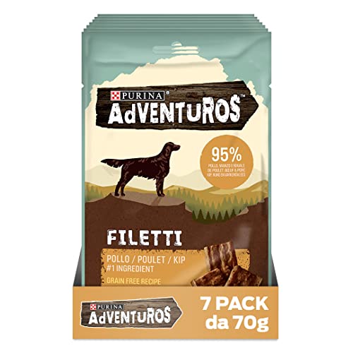 PURINA ADVENTUROS Snack per Cani Adulti High Meat Filetti con Pollo, Grain Free 7 Confezioni da 70g