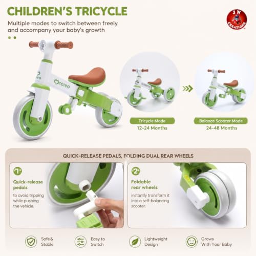 Image of 3-in-1 Toddler Tricycle | Slide, Pedal & Balance Bike for Kids | Leather Seat, Silent Wheels & Sturdy Frame | Ideal for 10 Months to 3 Years (Green)