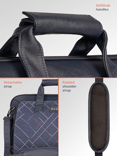 Image of ZOUK Blue Executive Laptop Bag for Men | Vegan Leather Office Briefcase with Padded 15.6 Inch Laptop Compartment, Shoulder Strap & Trolley Sleeve | Water-Resistant Work & Travel Bag |