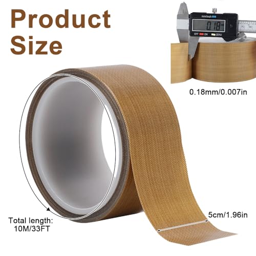 5cm x10 m Teflon Klebeband Hitzebeständiges, Selbstklebend Teflonband, Hochtemperaturband Hitzebeständig bis 300℃, Dicke 0,18mm, Glasgewebeban für Vakuumiergerät, Handversiegelung, Impulsversiegelung