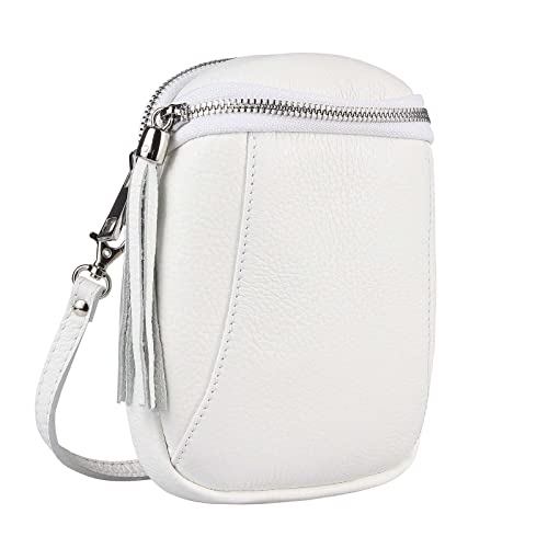 Made in Italy Damen Leder Tasche Umhängetasche Schultertasche Handytasche Geldtasche Ledertasche Crossbody Abendtasche Mini Bag Weiß Cover