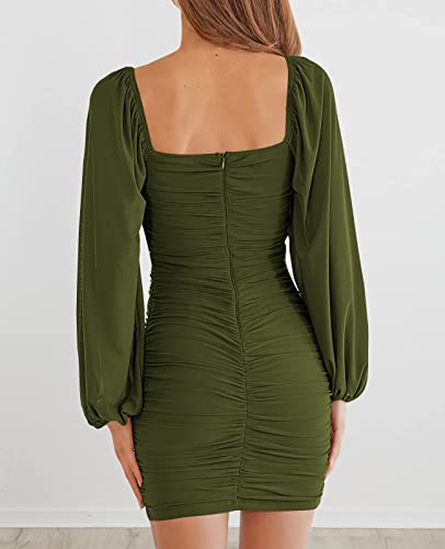 Image of MEROKEETY Women Square Neck Lantern Long Sleeve Mesh Ruched Bodycon Clubwear Mini Dress