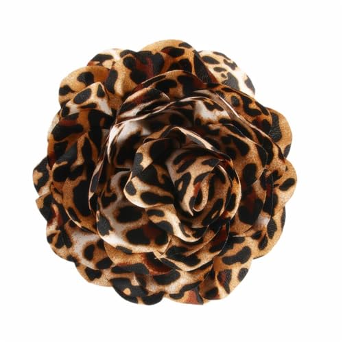 Image of Satin Fabric Leopard Rose Flower Large Brooch Pins Handmade Elegant Extra Big Camellia Silk Flowers Floral Lapel Pin for Women Wedding Bridal Prom Party Dance Dress Suit Clothes Accessories