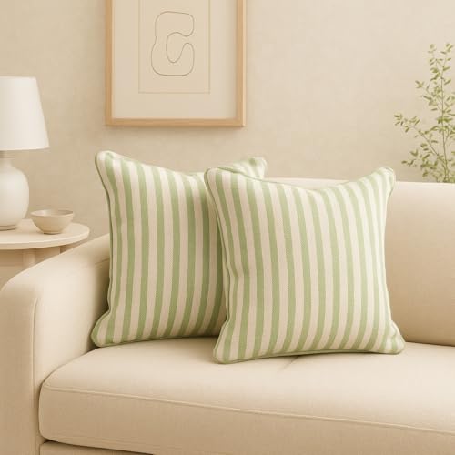 Image of 100% Cotton - Green and White Stripes Cushion Covers Set of 5 (16 x 16 inches) - Cushion Covers for Sofa & Living Room Decor