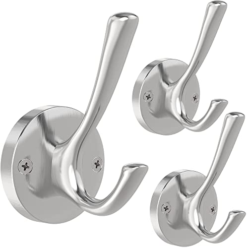 Tofiigrem Brushed Nickel Wall Hooks Towel Hooks, 3 Pack Coat Hook Heavy Duty Hook Double Bath Robe Hook Wall Mounted, Hand Towel Hooks For Entryway Bathroom Kitchen Closet #TOP24