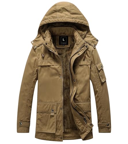 Image of L'MONTE Men's Imported Heavy-Duty Winter Jacket - 100% Cotton Coat with Fleece Lining, Detachable Hood & Multiple Pockets - Windproof, Warm, Stylish for Outdoor & Casual Winter Wear