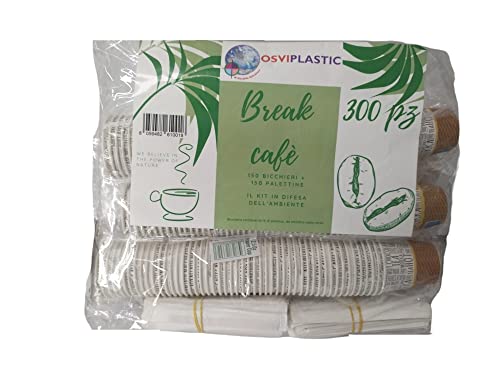 OSVIPLASTIC Kit caffè composto da 150 bicchierini di carta riciclabile e 150 palettine di legno