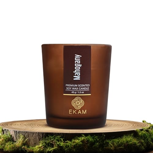 Image of EKAM Scented Frost Glass Votive Candle| Mahogany Scented| Luxury Fragrances| Ideal for Home Decor, Aromatherapy & Gifting| Soy Wax| Therapeutic| Smokeless| Sootless| 10 Hours Burn time |40 g