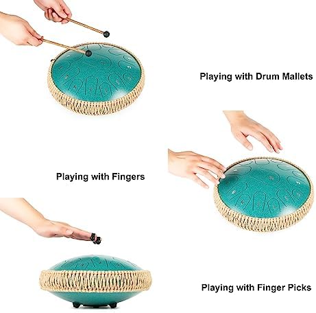 HOPWELL Steel Tongue Drum - 13 Inches 15 Notes Tongue Drum - Hand Pan Drum with Music Book, Handpan Drum Mallets and Carry Bag, D Major (Malachite Green)
