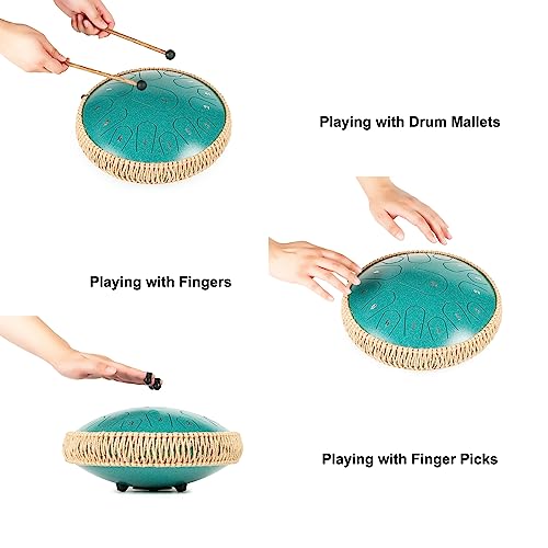 HOPWELL Steel Tongue Drum - 13 Inches 15 Notes Tongue Drum - Hand Pan Drum with Music Book, Handpan Drum Mallets and Carry Bag, D Major (Malachite Green)