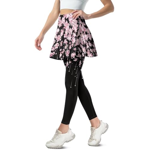 Hucavortre Cherry Blossom Rain Women Yoga Skirted Leggings Tummy Control Active Skort Butt Lift Athletic Skapri with Breathable Fabric for Running, Yoga, Fitness