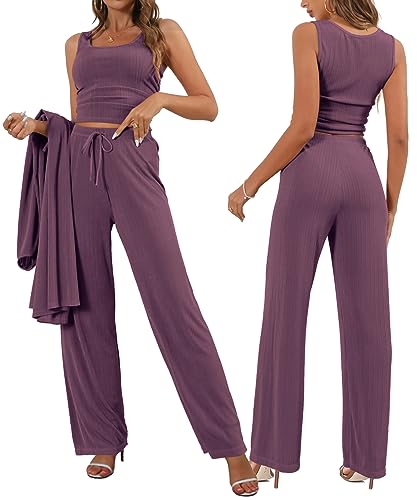 Image of 3 Piece Lounge Sets for Women Airport Travel Outfit | Long Cardigan,Tank Top ,Wide Leg Pants with Pockets,Comfy Loungewear,Casual Chic, Airplane Clothing,Vacation Matching Set