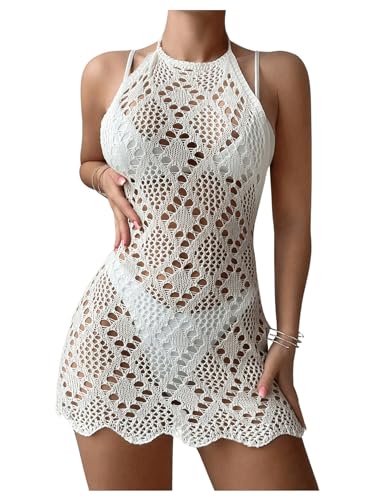 OYOANGLE Women's Crochet Halter Cover Up Dress Hollow Out Backless Sleeveless Bikini Coverups
