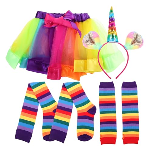 Conjunto de falda tutú arcoíris de 4 piezas con diadema de unicornio y guantes para niñas