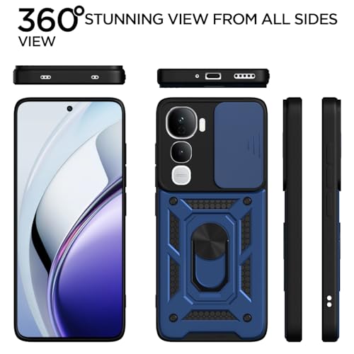Image of Pikkme Back Cover for Vivo Y400 5G | 360 Protection Case | Sliding Camera Shield Cover & Ring Holder Stand D10 Tough Armor Bumper Case (Blue)