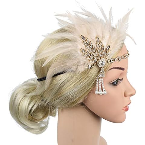 Women's Vintage Flapper Headband Daisy Buchanan Costume Great Gatsby Leaf Tiara Headpiece 1920's Fancy Hair Accessory (6068#Gold+Champagne) Cover