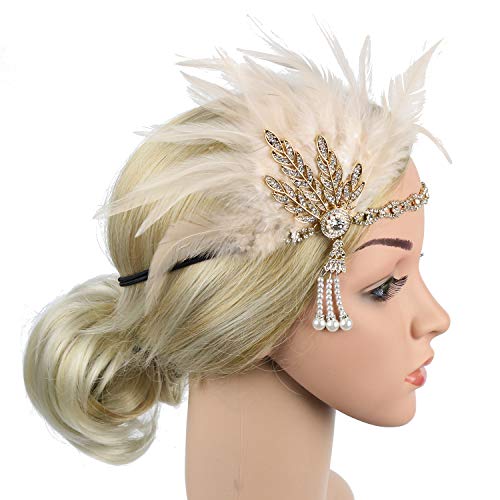 StarDY Women's Vintage Flapper Headband Daisy Buchanan Costume Great Gatsby Leaf Tiara Headpiece 1920's Fancy Hair Accessory (6068#Gold+Champagne)