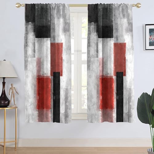 AAtter Red Grey and Black Window Curtain White Abstract Ombre Silver Burgundy Painting Art Lattice Geometric Design Living Room Bedroom Window Drapes Treatment Fabric 1 Pair, 42" W x 63" L, Modern