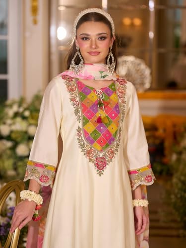 Image of INDO ERA Women's Silk Blend Floral Embroidered A-Line Kurta & Pant with Dupatta Set (IEOUT12374)