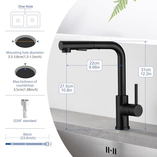 WOOHSE Küchenarmatur mit Brause Ausziehbar, Hochdruck Wasserhahn Küche Schwarz 360° Drehung, Spültischarmatur mit Brause zwei Wasserstrahlarten, Küchenwasserhahn aus Edelstahl, Mischbatterie