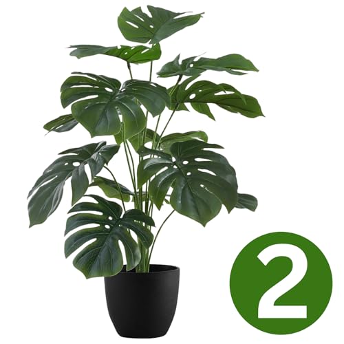 Image of Dekorly Plastic Fake Plants Artificial Floor Plants Large Tropical Palm Tree Tall Monstera Plant in Pot Faux Plants for Indoor Outdoor Home (Monstera | Black Pot, Pack of 2)