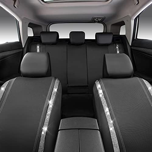 CAR PASS Bling Car Seat Covers Full Set,Shining Rhinestone Diamond Faux Leather,Rear with Zipper,Universal Fit 95% Automotive Glitter Crystal Sparkle Strips for Cute Women Girl,Black Silver - 5