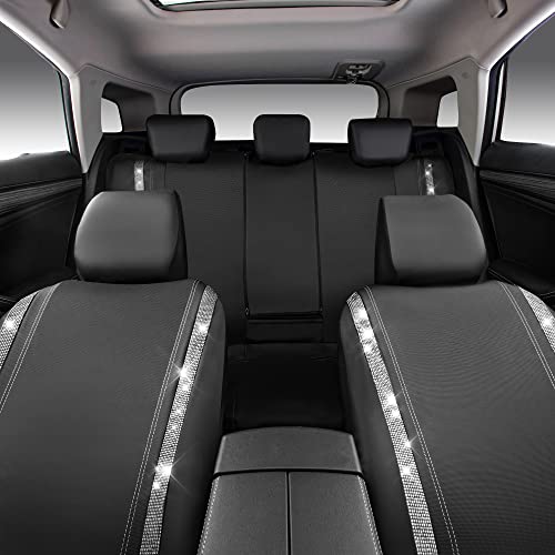Image of CAR PASS Bling Diamond Car Seat Covers Full Set, Shining Rhinestone Waterproof Faux Leather, Rear with Zipper, Universal Fit Automotive Glitter Crystal Sparkle Strips for Cute Women Girl, Silver
