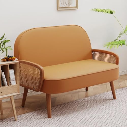 Image of Modern Faux Leather 2-Seater Sofa with Wooden Legs & Cane-Style Armrests | Compact Loveseat for Living Room, Bedroom & Office (Orange Faux Leather)